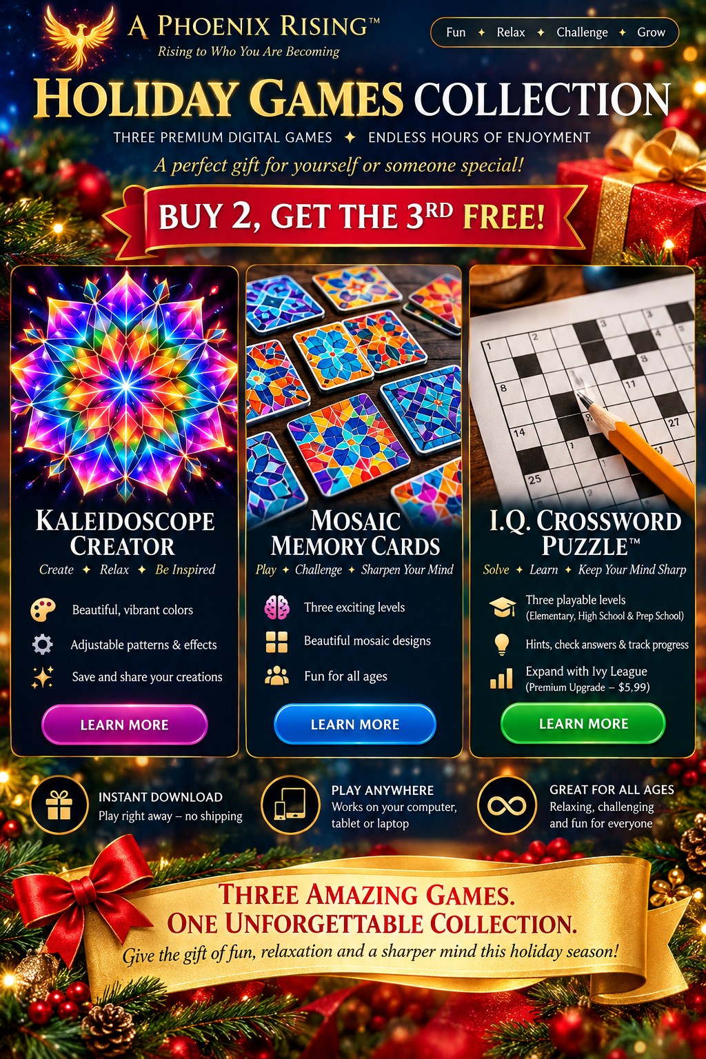 A Phoenix Rising Christmas Games Collection festive premium poster featuring three games and buy two get third free offer